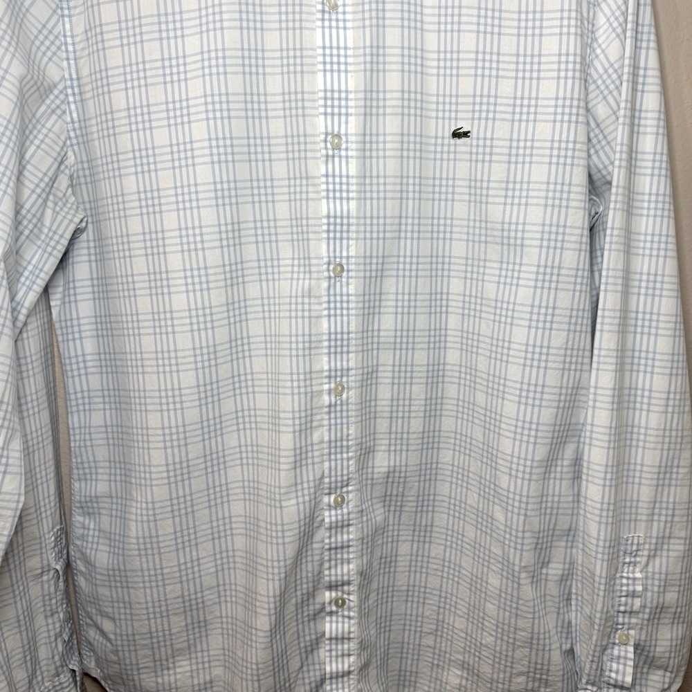 Men’s Lacoste Blue & White Casual Button Dwn Shirt Regular Fit w Logo Sz 38 - Picture 3 of 9